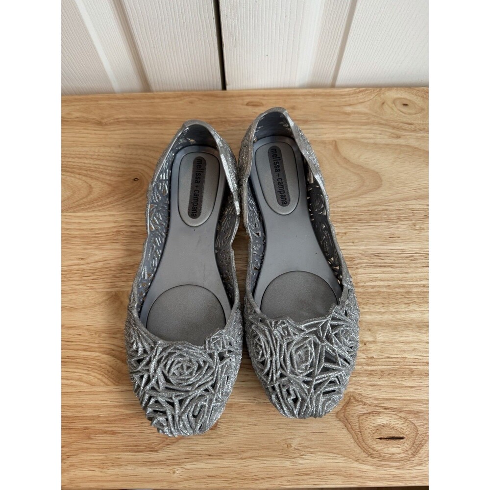 Melissa + Campana Fritas Gray Rose Silver Jelly Glitter Flats Sz 7